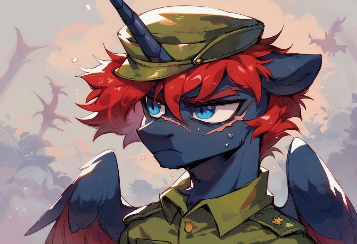 Male alicorn pony, black fur, long red hair, deep blue eyes, red feathers on wings, scar over left eye, red striping, vietnam-era army uniform, boonie hat, in a swamp, frown, sweating, close-up portrait 