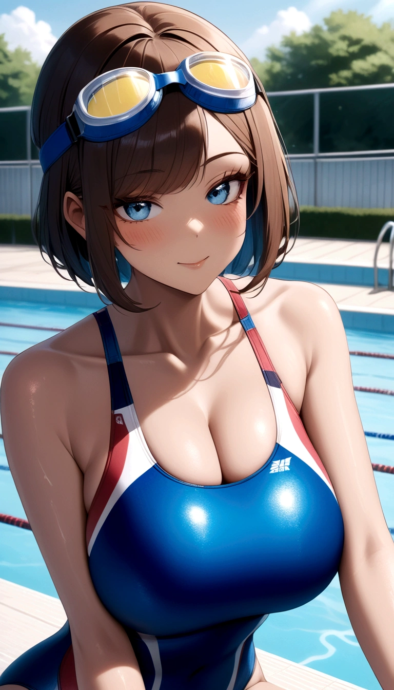 A competitive swimsuit，Short-haired female athlete wearing a swimming cap and goggles，Sit and relax by the pool