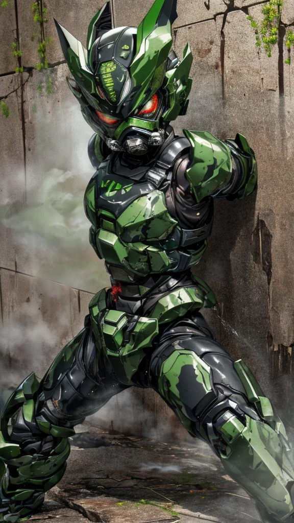 , Advanced Details, high quality, 最high quality, High resolution, 1080P 、傷口からのBleeding、Sexy Eyes、Wearing green and black、cute((The whole body is sweating))(Equipped with a damaged battle suit....)(Dark green armor)(Broken Armor)Black Hair、Chiquita、short hair、Screaming with mouth open　Painful expression、It hurts again、Healthy Skin、20-year-old female　defeat　(Steam coming out of the face) ((Steam from the body)) 　Unable to fight　Severe attacks　((I was thrown against the wall、Headgear broke.　)) Flying debris　bare hands　Armor Stripping　gas mask explodes　centering　Bleeding　