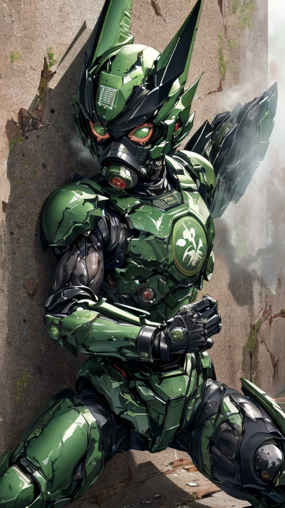 , Advanced Details, high quality, 最high quality, High resolution, 1080P 、傷口からのBleeding、Sexy Eyes、Wearing green and black、cute((The whole body is sweating))(Equipped with a damaged battle suit....)(Dark green armor)(Broken Armor)Black Hair、Chiquita、short hair、Screaming with mouth open　Painful expression、It hurts again、Healthy Skin、20-year-old female　defeat　(Steam coming out of the face) ((Steam from the body)) 　Unable to fight　Severe attacks　((I was thrown against the wall、Headgear broke.　)) Flying debris　bare hands　Armor Stripping　gas mask explodes　centering　Bleeding　