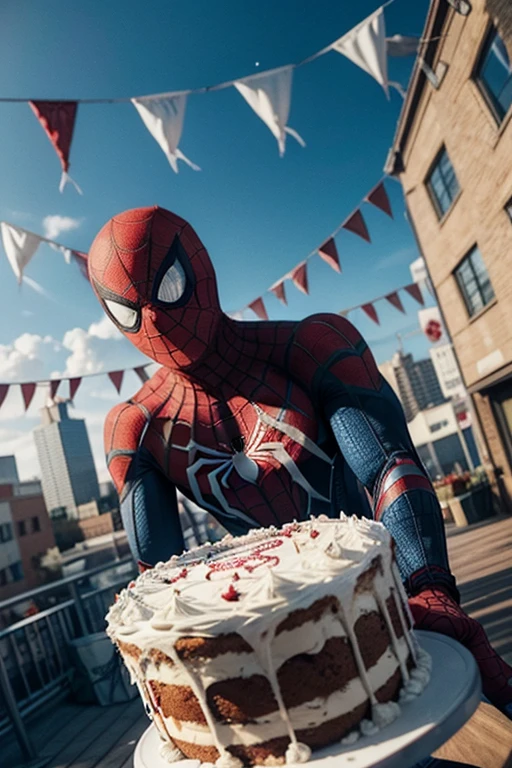 **Image Description for 5th Birthday with Spider-Man Theme**
---
### Bottom - **Colorful urban scenery:** Tall and colorful buildings, with bright windows and fun details, representing a friendly and vibrant city.
- **Clear blue sky:** With some fluffy clouds and spider web designs scattered around, giving the feeling that Spider-Man just swung around.
### Spider man - **Friendly and Childish Design:** Spider-Man is in a dynamic pose, as if he were swinging from a web or waving to João Miguel. Your expression is cheerful and friendly.
- **colorful details:** Spider-Man's classic costume, but with brighter colors and soft contours to suit children's style.
### Party Elements - **colorful baloons:** in red, azul e amarelo, some with Spider-Man's face drawn on them.
- **Party Flags:** Stretched between the buildings, with small images of spiders and webs.
- **Confetti and Stars:** Scattered across the background to create a festive and fun atmosphere.
### Text - **upper part:** in big letters, colorful and fun, Written "Happy Birthday João Miguel!" with a little spider web coming out of a corner.
- **bottom:** "5 years" in a speech bubble coming from Spider-Man, as if he was saying that.
### Additional Details - **Birthday cake:** Na parte inferior da imagem, a multi-layer birthday cake, decorated with small Spider-Man figures and colorful candles.
- **gaben:** Colorful gift boxes around the cake, some with the Spider-Man logo.
- **Spider-Man Friends:** Friendly drawings of other characters like Spider-Gwen and Miles Morales, adding an extra touch of fun and diversity.
This description can be used as a guide to create a charming image suitable for a Spider-Man themed birthday for João Miguel.