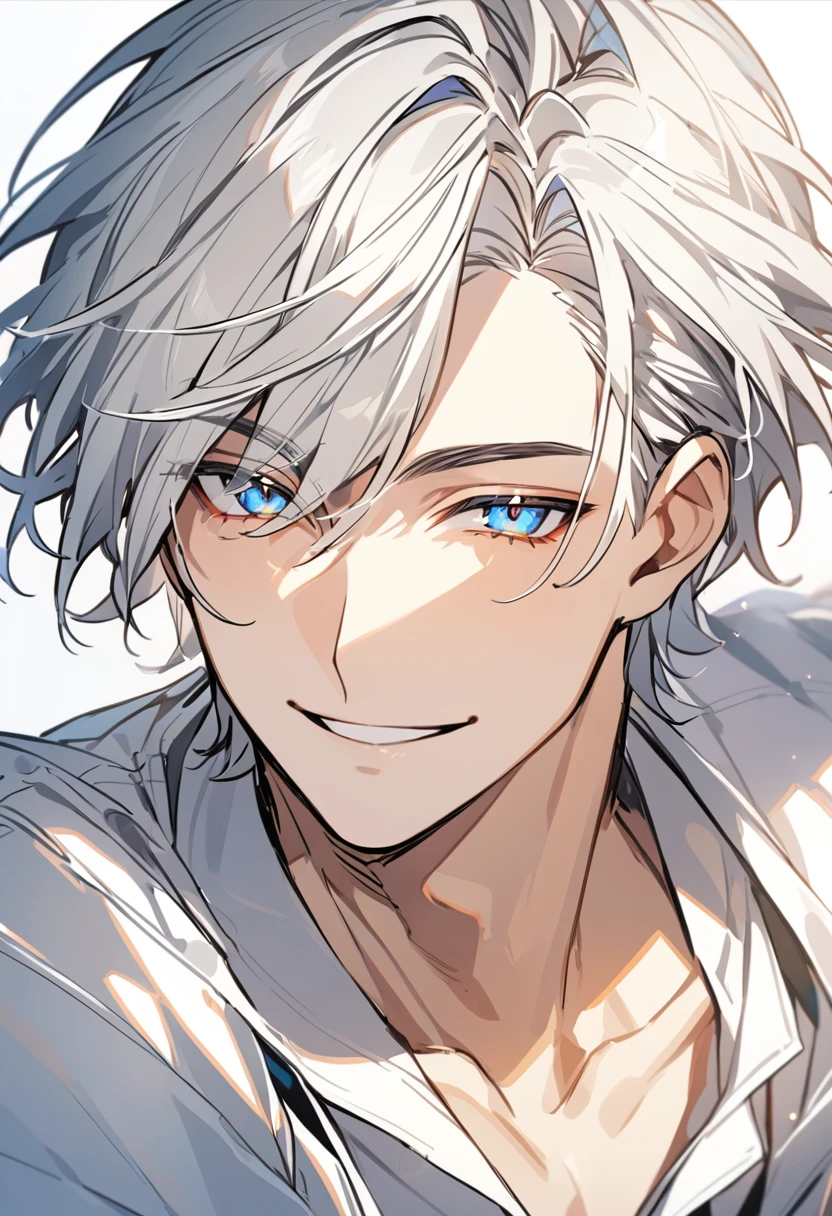 Handsome, solo, 1 male, short hair, gold eyes, white hair, white clothes, smile facial, shirt, blue eyes
