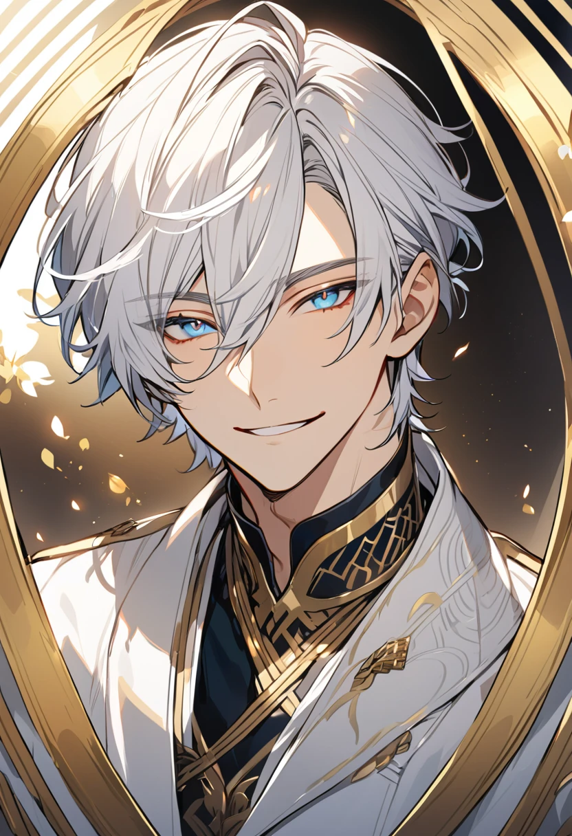 Handsome, solo, 1 male, short hair, gold eyes, white hair, white clothes, smile facial, shirt, blue eyes