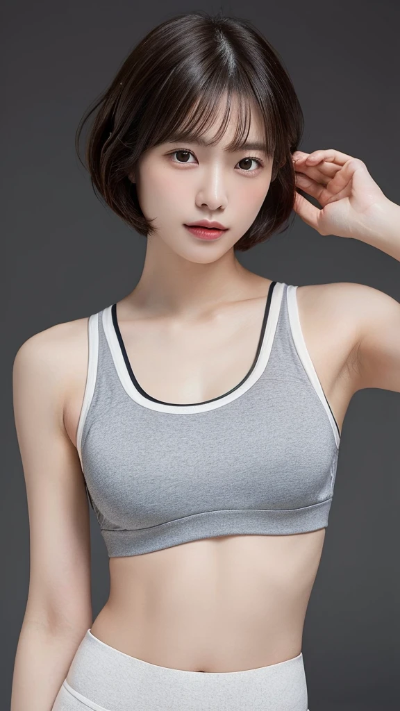 (Highest quality, 8K, 32k, masterpiece, Ultra-high resolution:1.2),Beautiful Japanese Women Photos, Very short bob hair,Upper Body,Face Focus,(Calvin Klein, Grey sports bra), Simple Background, From above, View your viewers,