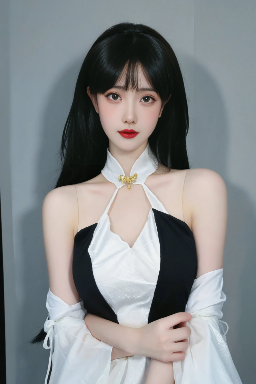 A Chinese woman on off-white wall background, fluffy hair, delicate face, realistic, real, large aperture, wearing black pantyhose, white dress, slim, cute, bare shoulder,