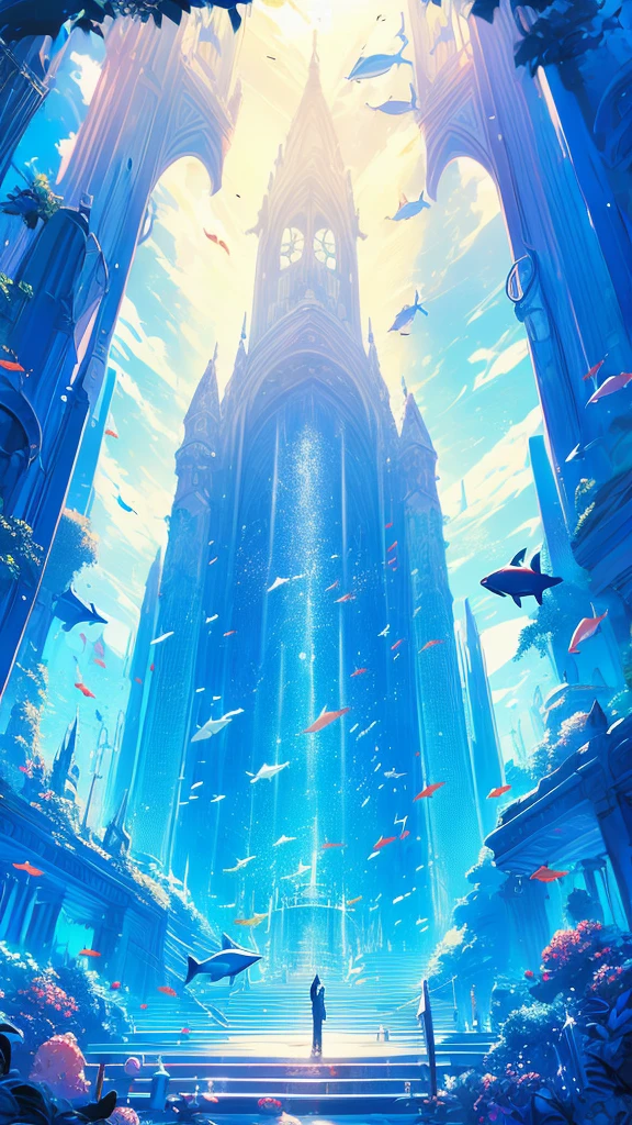 HDSJ, Blue Themes, pillar, Long hair, Black hair, Solo, scenery, column, Bubble, 1boys, Fish,Underwater