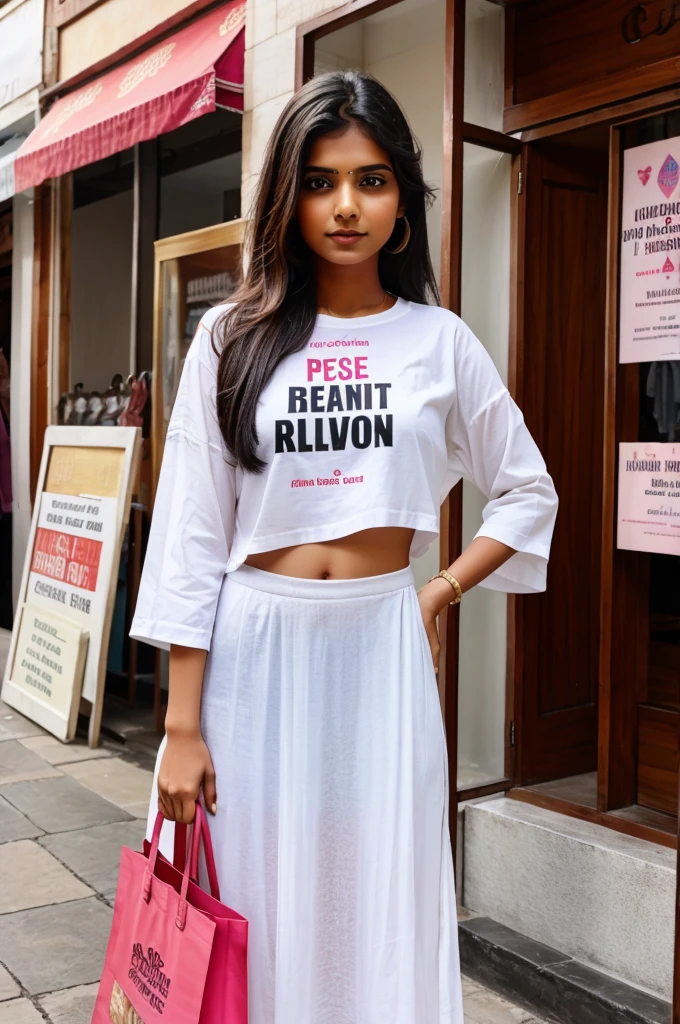 An indian girl standing infront of Cover-Up fashion boutique with a placard says best in town