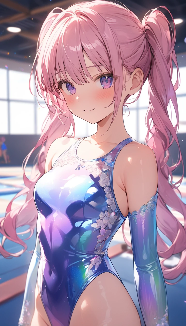 highquality illustration, masterpiece, very delicate and beautiful, attractive girl,(gymnastics leotard, Floral patterns leotard,long sleeve leotard with glittery decoration,high_leg leotard,athletic leotard,tight-fit leotard,iridescent gradient leotard,long-sleeve leotard),thin,slender body,slim,high school,gymnasium background,gymnastics club,gymnastics athlete,princess, beautiful eyes,light smile,(masterpiece, best quality:1.2), highres, extremely detailed CG unity 8k wallpaper, perfect lighting, Colourful, ultra-high res,4K,ultra-detailed, photography, 8K, HDR, 17 ages, full body,