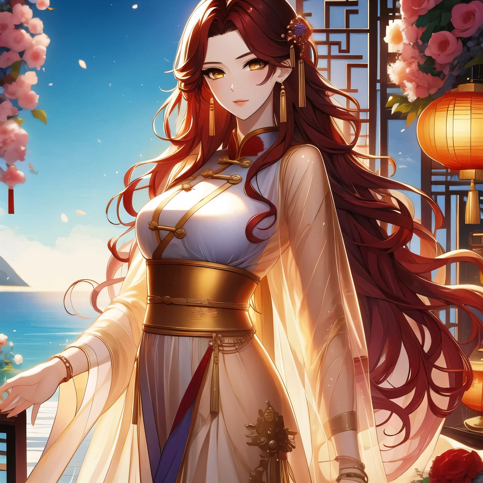 (masterpiece, best quality:1.2), 1women, xian mei, solo, chinese clothes, ultra long skirt, golden eyes, long red curly hair, jewellery, perfect anatomy