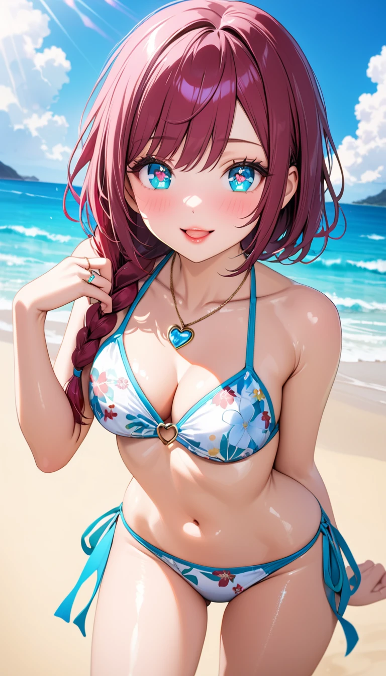 (highest quality:1.4), Very detailed, 8K, Vibrant, Best aesthetics, Accurate, (masterpiece:1.4),
BREAK
(Cowboy Shot:1.4), 1 beautiful girl, 18yo, (small face), beautiful detailed face, narrow waist, The beauty and danger of growing from a girl to an adult, A symbol of miraculous beauty, Graceful posture, sensual, bewitching woman, (cleavage:0.8),
BREAK
(burgundy hair, shiny hair, a long single braid hair:1.5), Swept bangs,
BREAK
(white bikini, floral print, side-tie bikini bottom),
sunny afternoon, beach blue sky, white cloud, Soft sunlight that induces afternoon drowsiness,
BREAK
(aqua blue eyes:1.4), black oblong pupils, (slant eyes, glass-like sparkling eyes are blurry and dreamy, beautiful detailed eyes, sparkling eyes, long delicate eyelashes, Meticulous Eyelash Details),
BREAK
(hot gaze, heart-shaped lips, beautiful detailed lips, Glossy, Open Mouth, Leaking sigh), (1 tiny golden heart-shaped ring pendant:1.2), smile, looking at viewer, standing,