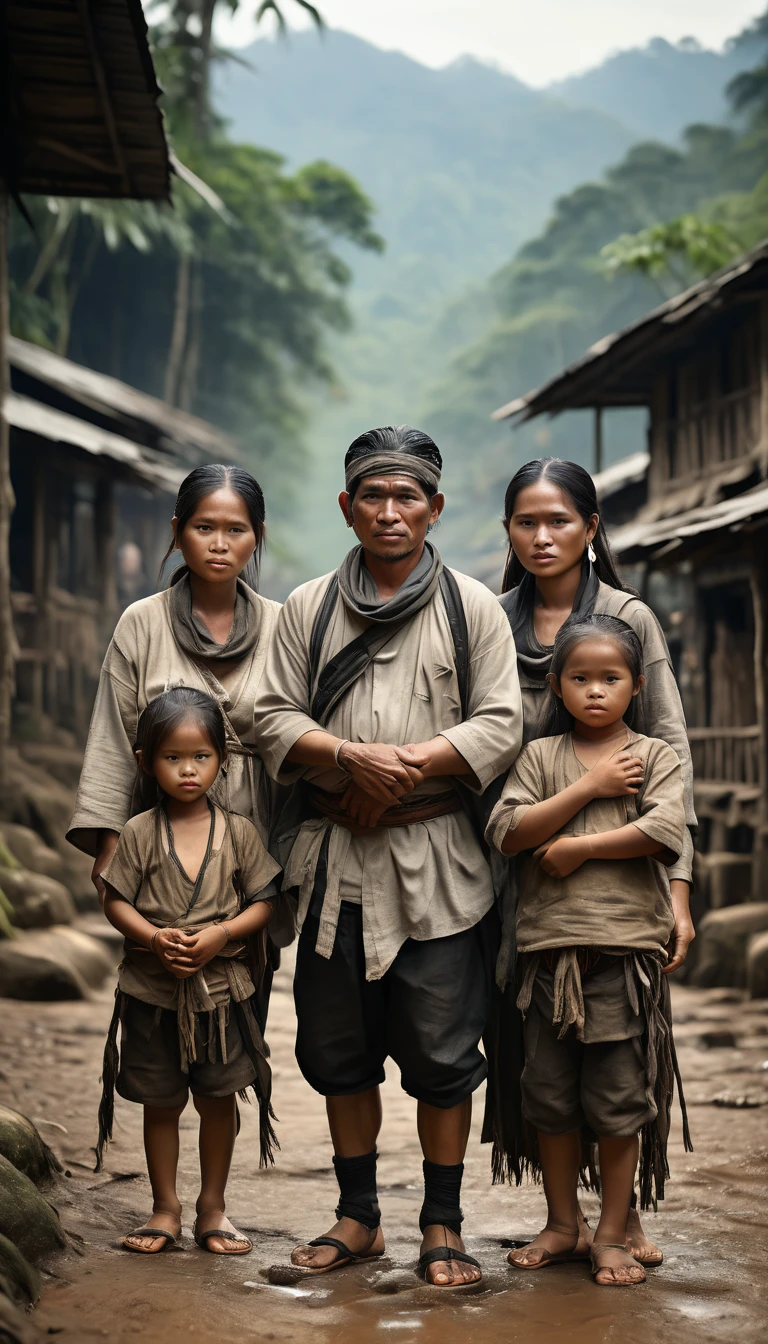 asep baduy tribe and his family abandoned by their tribe, dressed in dull white, left to fend for themselves in the wild, cinematic background, hyper realistic, hyper realistic ultra detailed, photorealistic, Studio Lighting, reflections, dynamic poses, Cinematic, Color Grading, Photography, Taken on 50mm lens, Ultra Wide Angle, Depth of Field, hyper-detail, beautiful colors, 8k, golden light from the front,