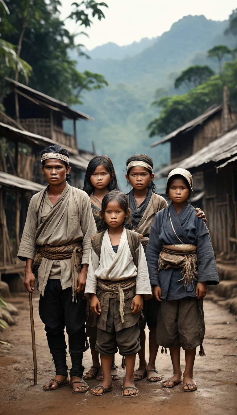 asep baduy tribe and his family abandoned by their tribe, dressed in dull white, left to fend for themselves in the wild, cinematic background, hyper realistic, hyper realistic ultra detailed, photorealistic, Studio Lighting, reflections, dynamic poses, Cinematic, Color Grading, Photography, Taken on 50mm lens, Ultra Wide Angle, Depth of Field, hyper-detail, beautiful colors, 8k, golden light from the front,