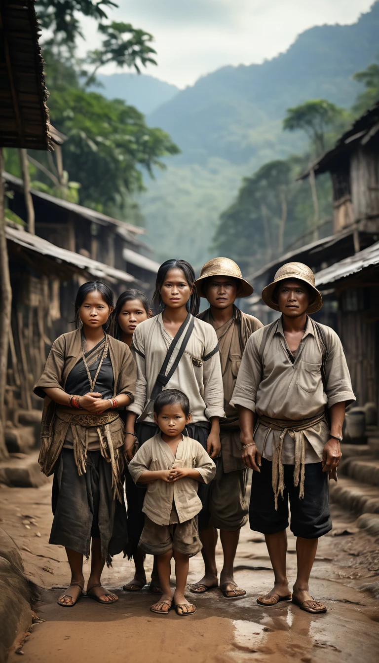 asep baduy tribe and his family abandoned by their tribe, dressed in dull white, left to fend for themselves in the wild, cinematic background, hyper realistic, hyper realistic ultra detailed, photorealistic, Studio Lighting, reflections, dynamic poses, Cinematic, Color Grading, Photography, Taken on 50mm lens, Ultra Wide Angle, Depth of Field, hyper-detail, beautiful colors, 8k, golden light from the front,