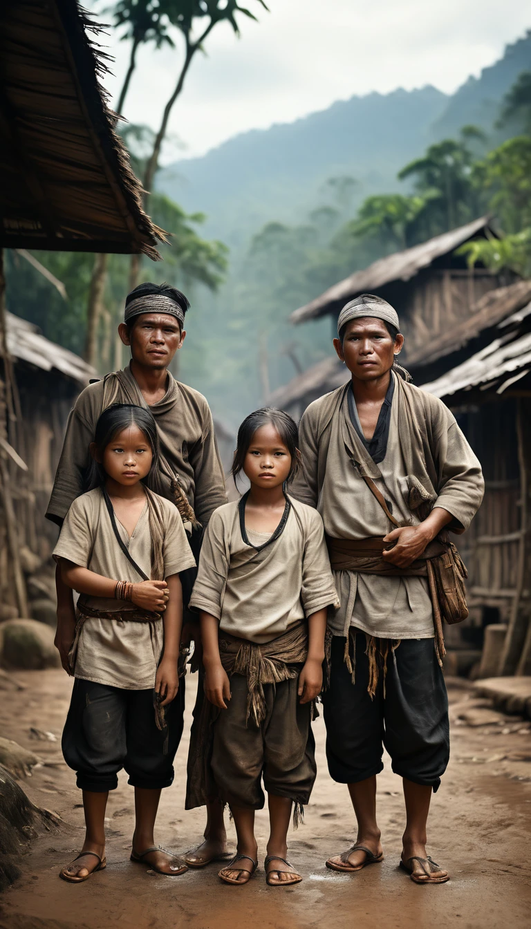 asep baduy tribe and his family abandoned by their tribe, dressed in dull white, left to fend for themselves in the wild, cinematic background, hyper realistic, hyper realistic ultra detailed, photorealistic, Studio Lighting, reflections, dynamic poses, Cinematic, Color Grading, Photography, Taken on 50mm lens, Ultra Wide Angle, Depth of Field, hyper-detail, beautiful colors, 8k, golden light from the front,