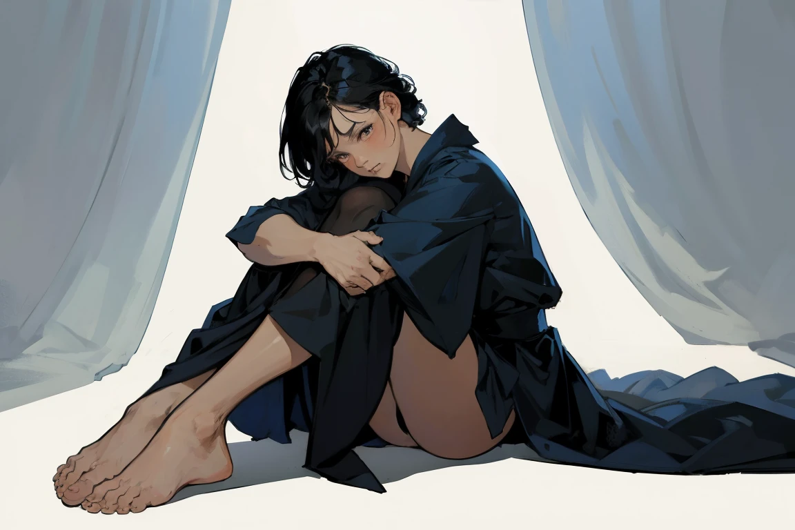 (masterpiece, best quality, Full HD), fantasy, floating, very short black hair, curled up, hugging knees, very long blue robe, barefoot, white background