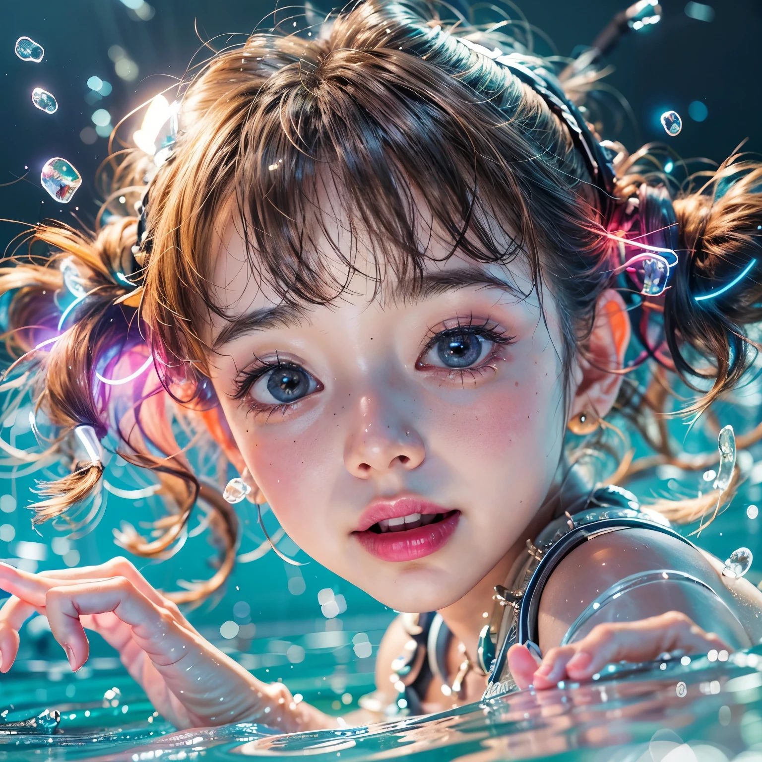 (8K TopQuality masterpiece: 1.2)(Realistic ProfessionalPhoto:1.37), VolumetricLighting. Tiny Girls, girl jumping into the water、Falling、splash water、shout、Luminous water surface、White and Bright colors, back lighting, Radiant PearlSkin, sparkling highlights, Detailed KAWAII face with cute lips, long eyelashes, Delicate clothes, Detailed open crotch