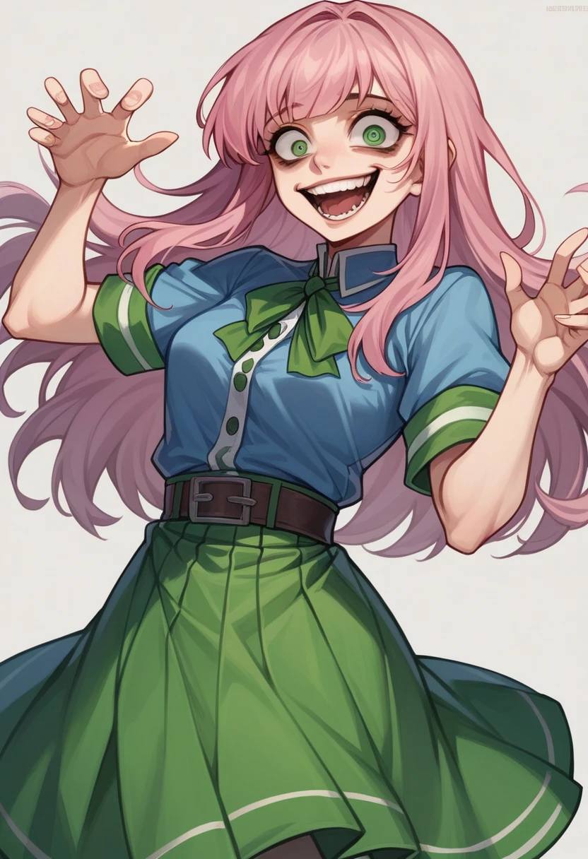 long straight hair, washed pink hair, green eyes, fantasy academy uniform, 30 years old, adult, woman, mautre facial features, long green skirt, blue shirt, crazy, insane, sadistic, yandere, commoner clothes, facing front, small breasts, yandere smile
