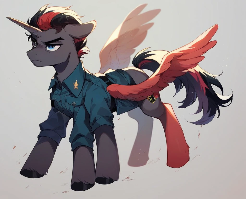 Two subjects; Male alicorn pony with black fur and red hair and blue eyes and red feathers on wings, male pegasus pony with yellow fur and black hair and blue eyes, legs around each other, wartime photo, vietnam-era army uniforms, frowns, wide-angle shot