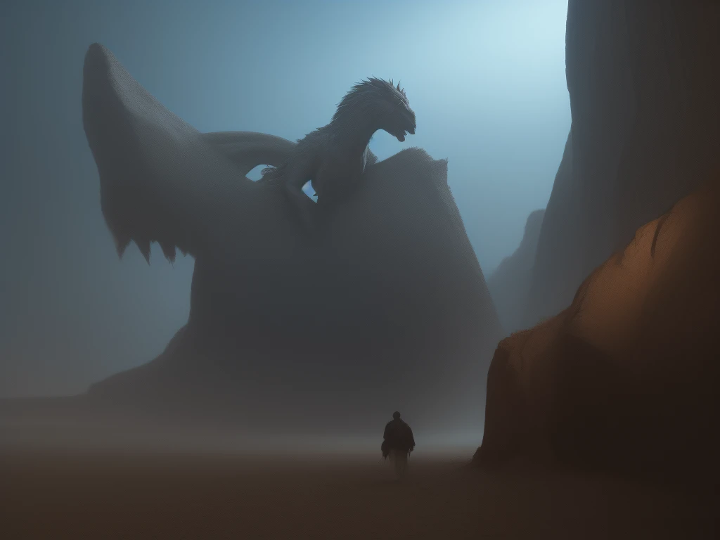 A highly detailed matte painting depicting a man watching a giant monster on a mountain, Makoto Shinkai, by Artgerm, WLOP, Greg Rutkowski, volumetric lighting, octane rendering, 4K resolution, Artstation Trend, Masterpiece