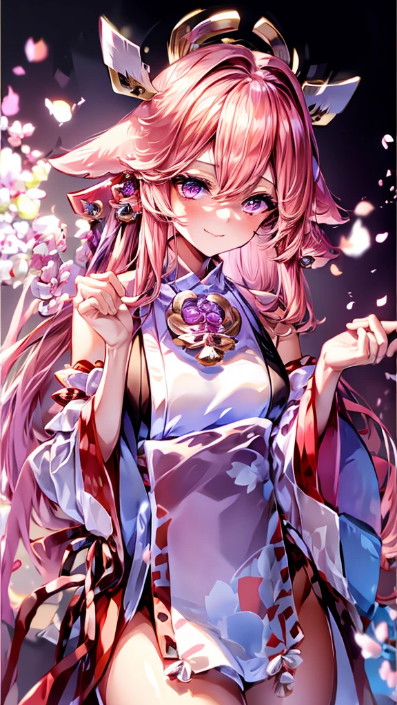 Beautiful girl, Yaemiko, wearing Japanese clothes, hair ornaments, pink clothes, detailed, HD, realistic graphics,((yaemiko))