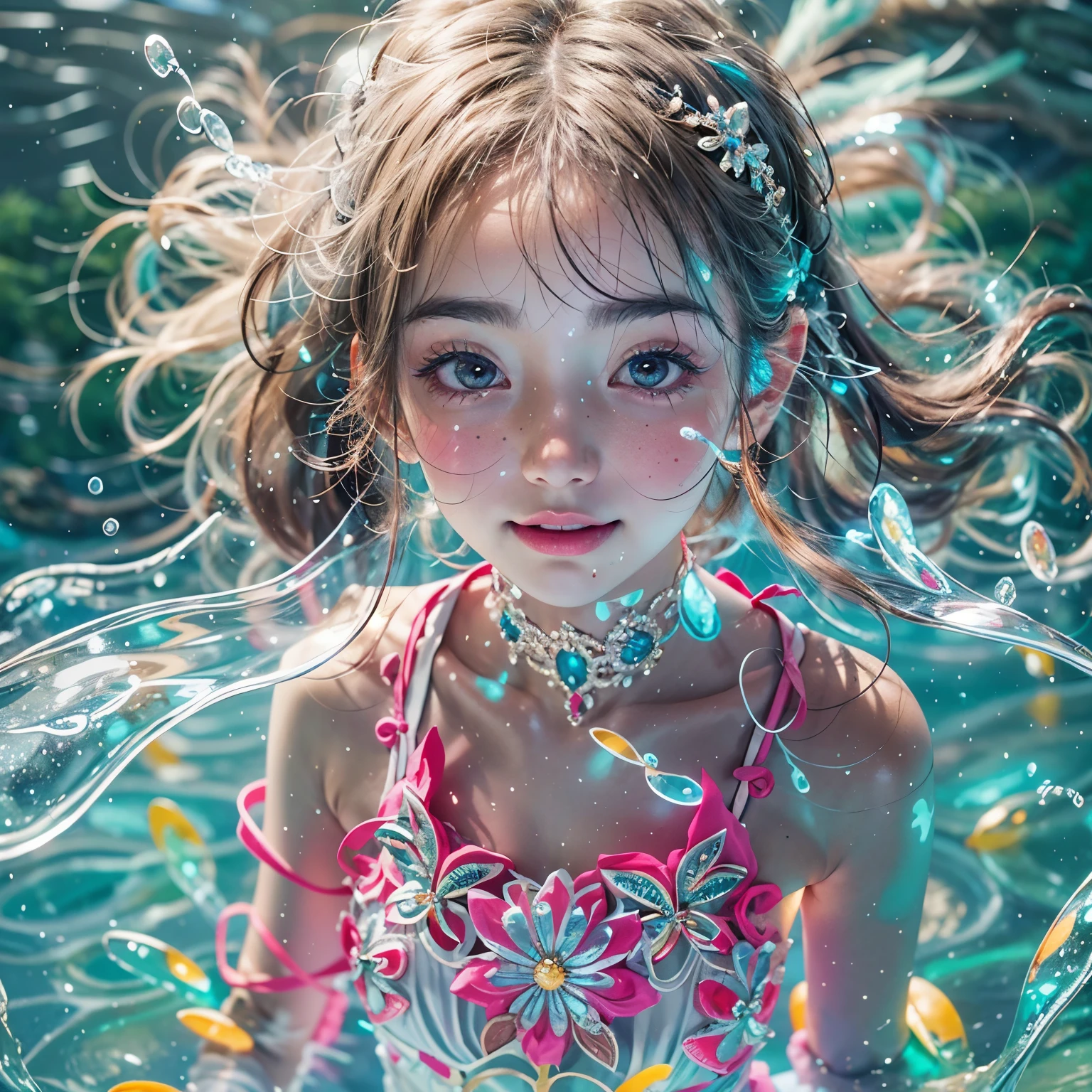 (8K TopQuality masterpiece: 1.2)(Realistic ProfessionalPhoto:1.37), VolumetricLighting. Tiny Girls, girl jumping into the water、Falling、splash water、shout、Luminous water surface、White and Bright colors, back lighting, Radiant PearlSkin, sparkling highlights, Detailed KAWAII face with cute lips, long eyelashes, Delicate clothes, Detailed open crotch