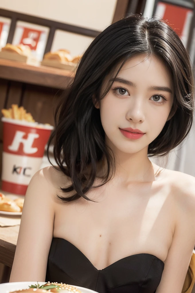 (((best quality))),(((ultra detailed))),(((masterpiece))),illustration,((1girl,solo)),(straight black bob hair:1.2),((slim,thin)),((small breasts,flat chest)),sitting,(in KFC:1.3), (burgers and drink on the table:1.2),((strapless white bra)), clean, fresh, bright face, sparkling eyes, rosy cheeks, beautiful smile, white teeth, neatly combed hair,sexiness,visible, natural, carefree,bustling restaurant, other customers, enjoying meals, chatting, bright lighting, warm atmosphere, joy, relaxation, cute appearance, carefree attitude, visually appealing, heartwarming,((close-up of face,from front))