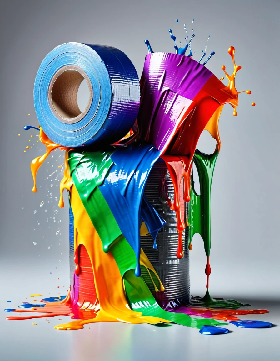 (absurd quality,high-res,masterpiece),(realism,photorealistic), (the art of Duct Tape Style with many colors, luminous Duct Tape), ((screen with splashing fluid flowing down, fluid Duct Tape:1.4), extremely detailed:1.1), (((in a bright and colorful Duct Tape WORLD:1.22))),