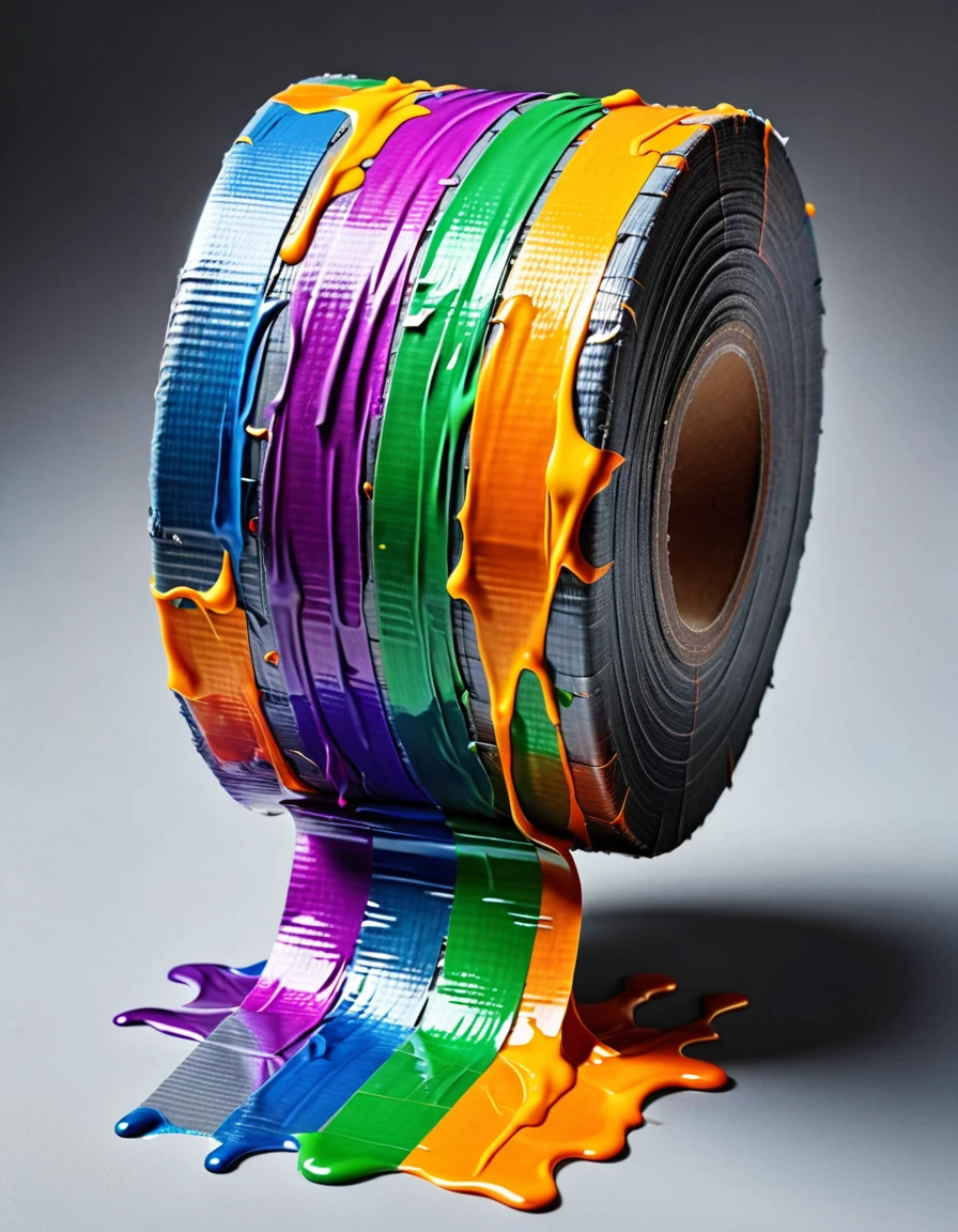 (absurd quality,high-res,masterpiece),(realism,photorealistic), (the art of Duct Tape Style with many colors, luminous Duct Tape), ((screen with splashing fluid flowing down, fluid Duct Tape:1.4), extremely detailed:1.1), (((in a bright and colorful Duct Tape WORLD:1.22))),