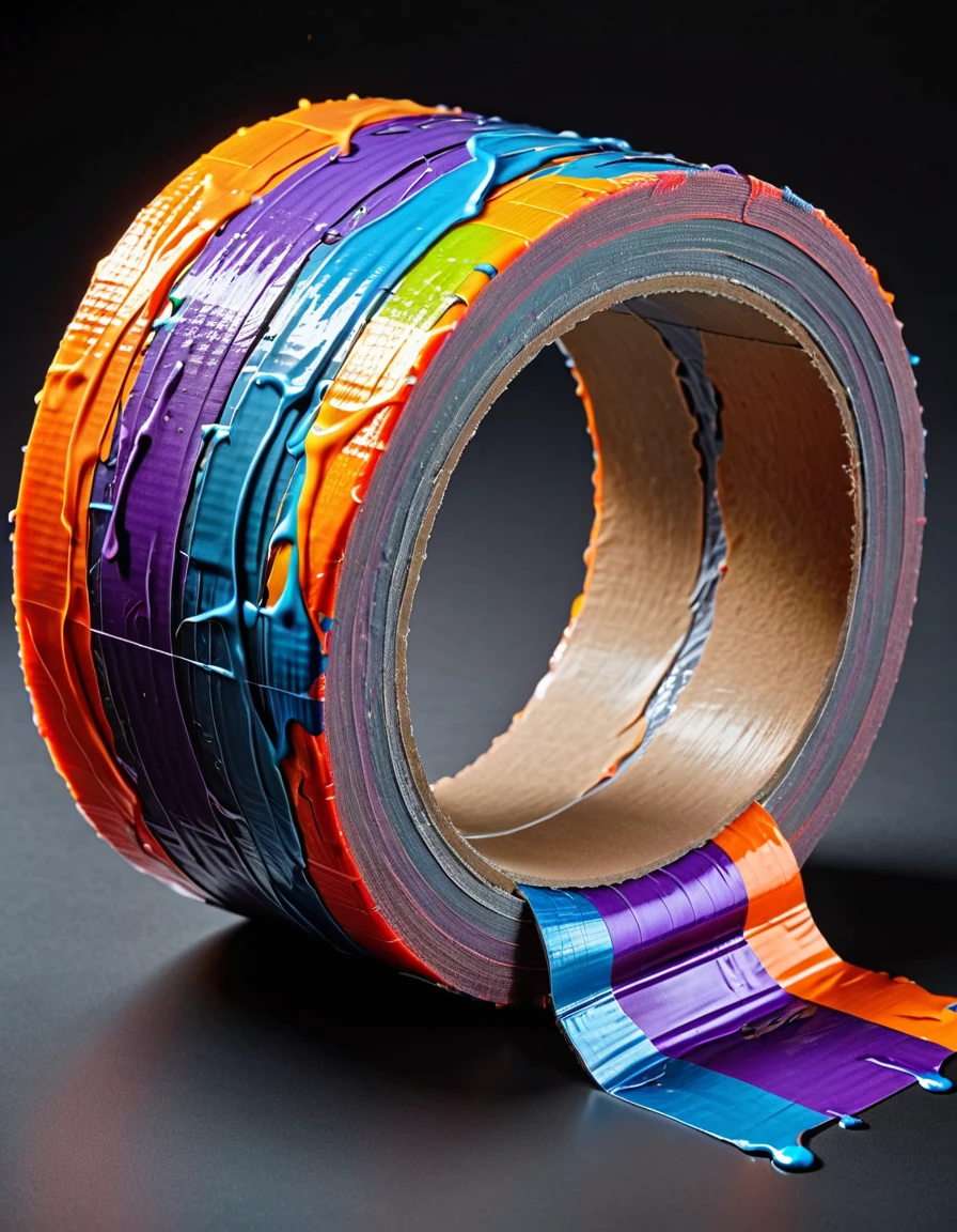 (absurd quality,high-res,masterpiece),(realism,photorealistic), (the art of Duct Tape Style with many colors, luminous Duct Tape), ((screen with splashing fluid flowing down, fluid Duct Tape:1.4), extremely detailed:1.1), (((in a bright and colorful Duct Tape WORLD:1.22))),