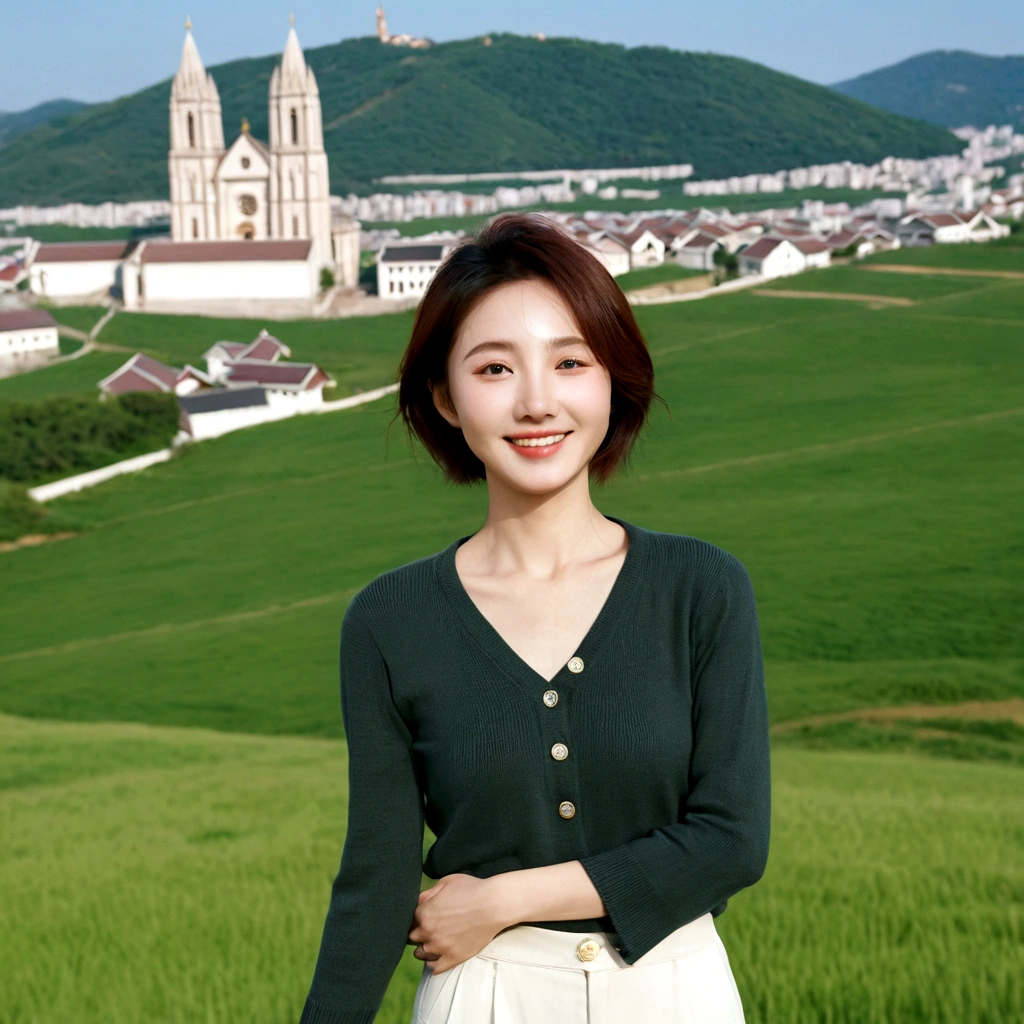 8k best picture quality, Beautiful 36-year-old Korean woman, I have good skin and clear and pretty eyes.. clear and nice weather. Chest size 34 inches, french country village, A cathedral can be seen on a hill in the distance.., The back background is realistic and vivid image quality, Short and medium hair blowing in the wind, Wearing high-end luxury knitwear. casual pants, Hold both hands in front and smile. the background is clear, Short and slim Korean woman, stand far away, Photo taken with a wide-angle lens, Cows graze on green pastures in the distance. Standing on a hill with a view of the cathedral in the distance. One elegant woman standing with her hands behind her back