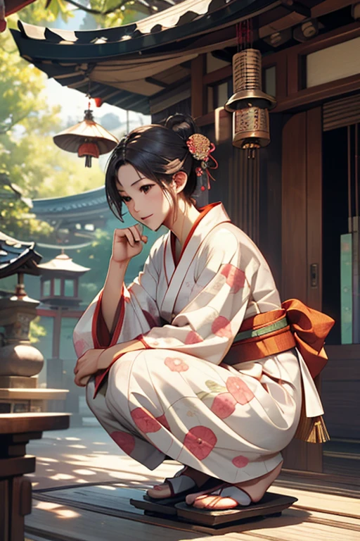 Highest quality、masterpiece、High sensitivity、High resolution、Detailed Description、Slender wo yukata、Fan、wind chimes、Squatting at the entrance、