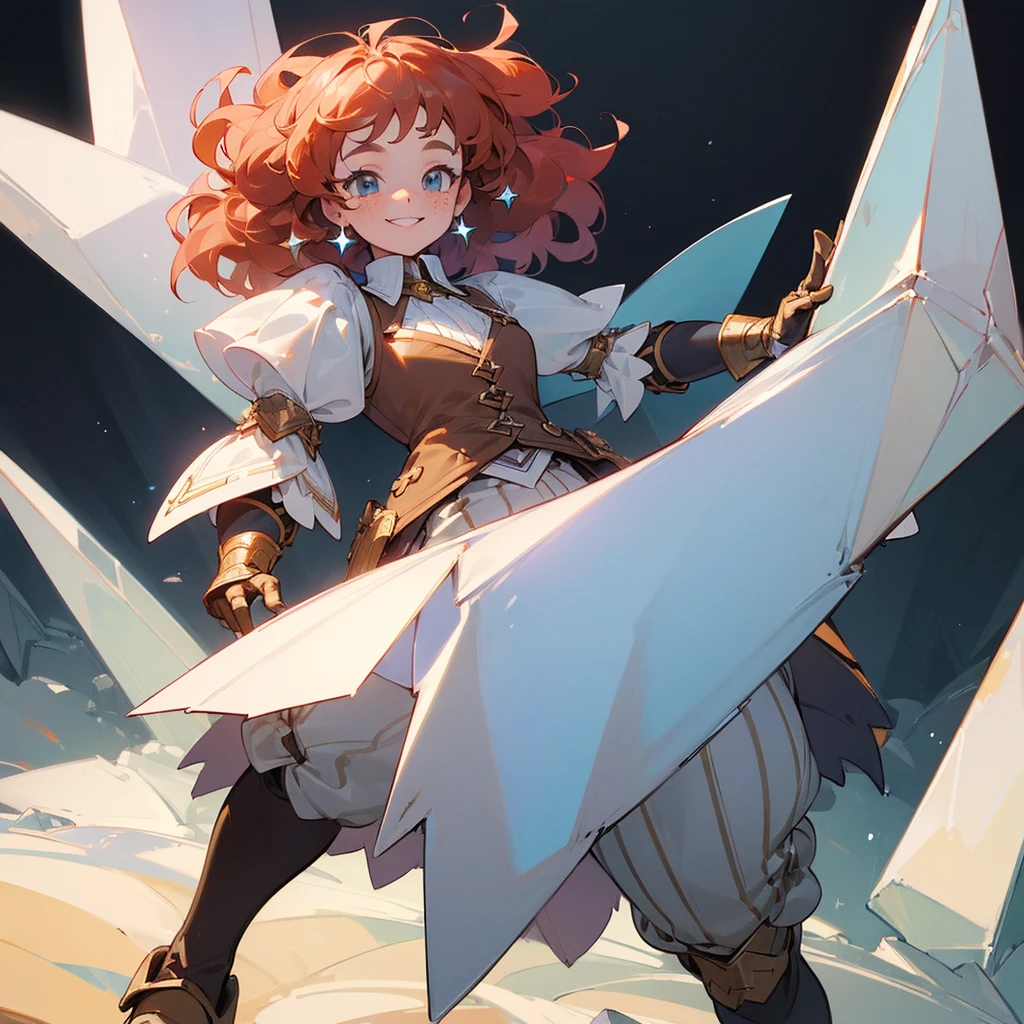 (((Masterpiece, highest quality, high definition, high detail)))), 1 girl, Freckles, Big smile, happy, Medium curly brown hair, vest, pants, Sharp white crystal Gauntlets, Sharp white crystal boots, colored hair stripe