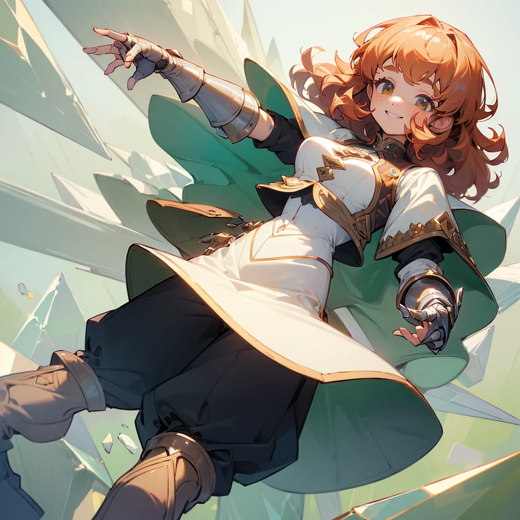 (((Masterpiece, highest quality, high definition, high detail)))), 1 girl, Freckles, Big smile, happy, Medium curly  brown hair, vest, pants, Sharp white crystal Gauntlets, Sharp white crystal boots, colored hair stripe