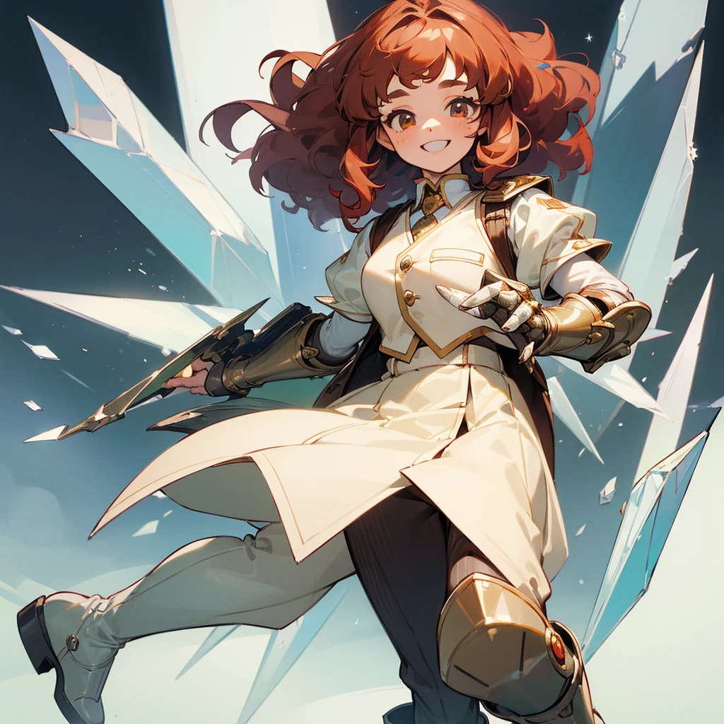 (((Masterpiece, highest quality, high definition, high detail)))), 1 girl, Freckles, Big smile, happy, Medium curly brown hair, vest, pants, Sharp white crystal Gauntlets, Sharp white crystal boots, colored hair stripe