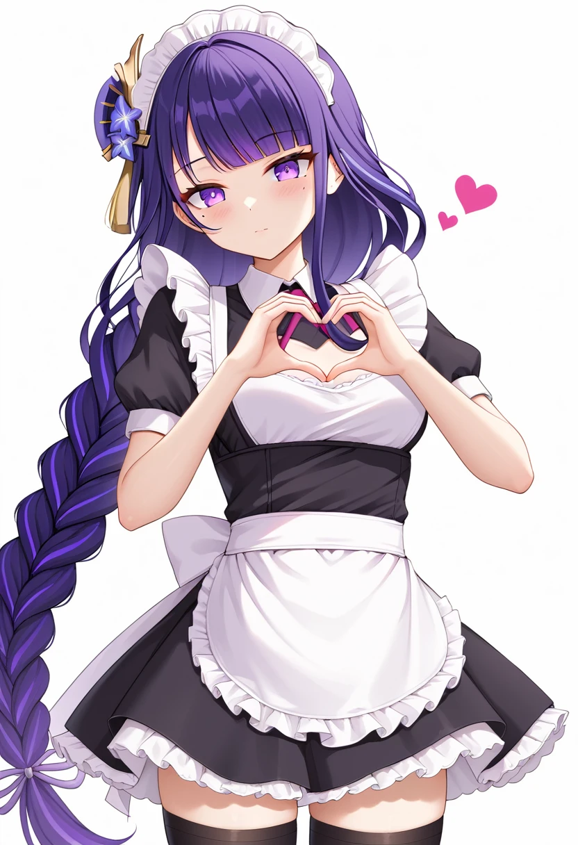 raiden shogun, 1girl, solo, long hair, looking at viewer, blush, bangs, simple background, thighhighs, white background, dress, ribbon, closed mouth, purple eyes, purple hair, braid, short sleeves, heart, frills, alternate costume, black thighhighs, apron, zettai ryouiki, maid, maid headdress, mole under eye, single braid, white apron, maid apron, braided ponytail, enmaided, heart hands
