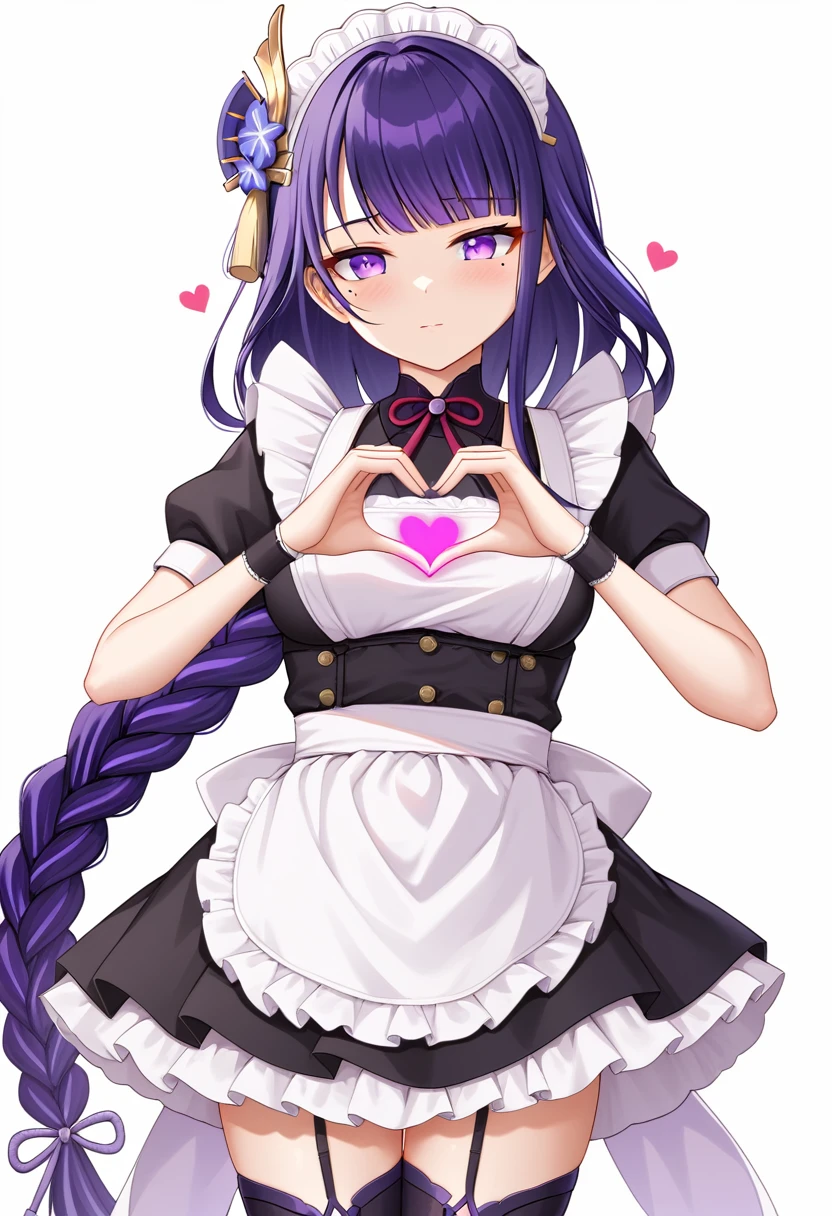 raiden shogun, 1girl, solo, long hair, looking at viewer, blush, bangs, simple background, thighhighs, white background, dress, ribbon, closed mouth, purple eyes, purple hair, braid, short sleeves, heart, frills, alternate costume, black thighhighs, apron, zettai ryouiki, maid, maid headdress, mole under eye, single braid, white apron, maid apron, braided ponytail, enmaided, heart hands