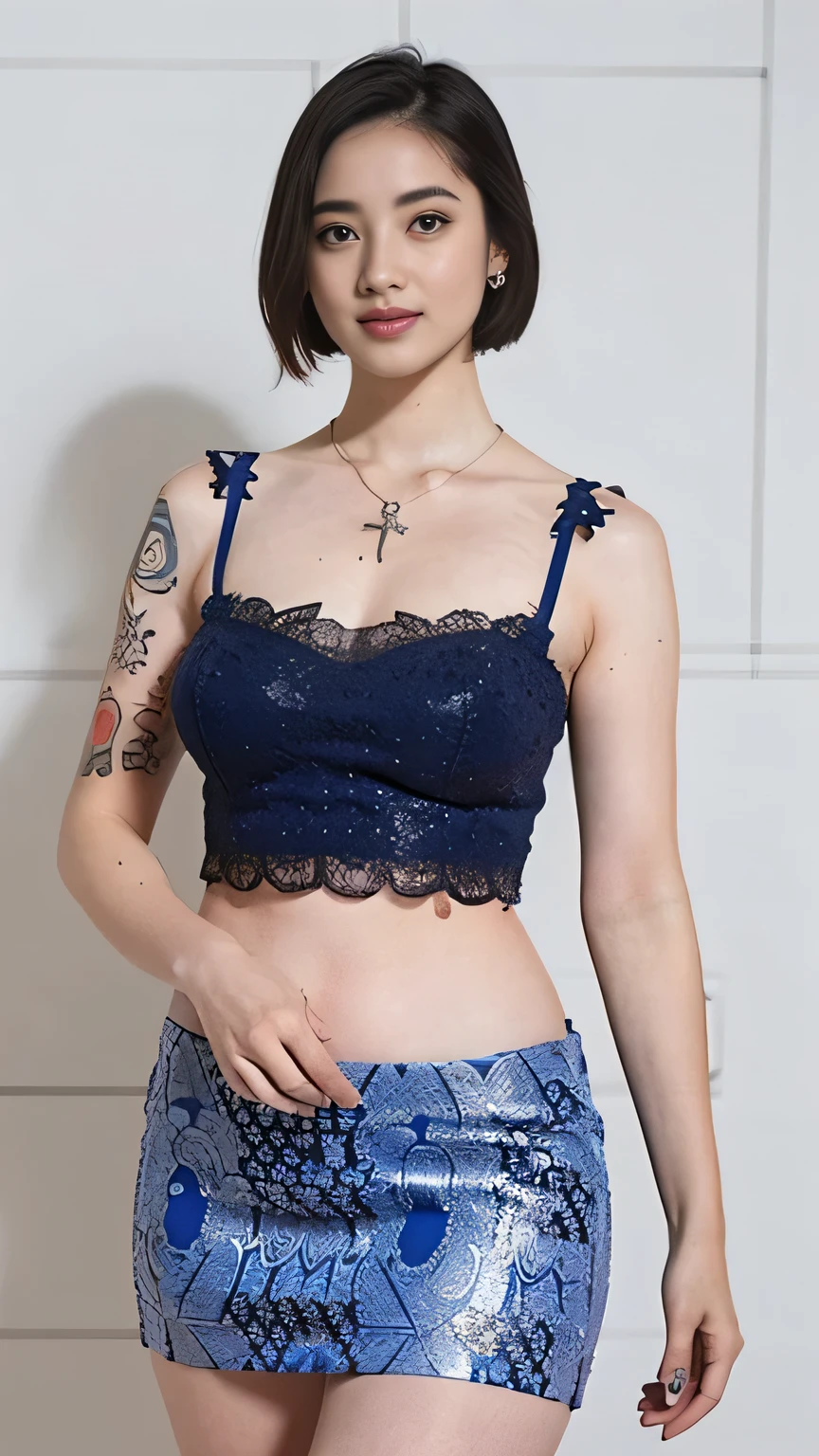 (realistic:1.3), A beauty girl with tattoos on body, beautiful art tattoo detailed, ((text tattoo on her legs: Fuck Me)), detailed beautiful eyes, big breast, cute chubby, baby face, insane detailed, quality, (masterpiece:1.2), (photorealistic:1.2), (best quality), (detailed skin:1.3), (intricate details), ray tracing, ((half body)), (((1girl))), (((1 person))), 20 years old, short hair, smile, blue dress, skirt with pattern, color contrast between the dress and the skirt, skirt pattern, earrings, necklace, Javanese ornament, (blurred background)