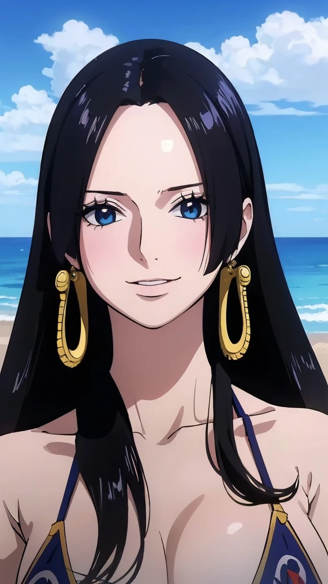 Highest quality, masterpiece, Very detailed,One girl, (Detail Light), Boa Hancock,, (masterpiece:1.5), Detailed Photos, smile,(8K, Realistic, Highest quality: 1.4), (One girl), Beautiful Face, (Anime realistic face), (Black Hair, Long Hair: 1.3), Beautiful hairstyle, Realistic eyes, Beautiful details in the eyes, (Realistic Skin), Beautiful Skin, Absurd, Charm, 超High resolution, Ultra-realistic, High resolution, Beach Background, Large Breasts,,