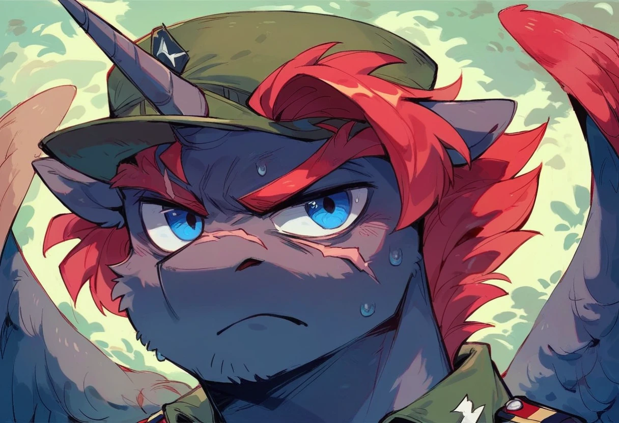 Male alicorn pony, black fur, long red hair, deep blue eyes, red feathers on wings, scar over left eye, red striping, vietnam-era army uniform, boonie hat, in a swamp, frown, sweating, close-up portrait