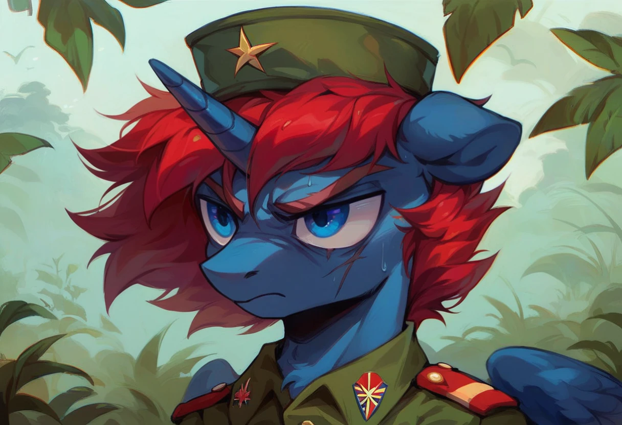 Male alicorn pony, black fur, long red hair, deep blue eyes, red feathers on wings, scar over left eye, red striping, vietnam-era army uniform, boonie hat, in a swamp, frown, sweating, close-up portrait 