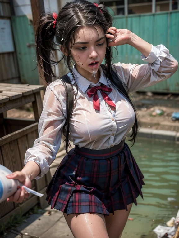 (masterpiece, best quality:1.2), in the garbage pile , In a pile of putrid garbage , in sewage , school girls outfit, tight shirt , wet clothes, soaked, wet hair, wet skin, translucent, glistening with oil , dishevelled , skirt dark red , plaid skirt , pleated skirt , Tight shirt , white Shirt , school girl , twin tails hair , red knot , red bow , school , big breasts , big tits , vomiting shit from mouth flowing down stained her shirt , vomiting shit from mouth flowing down her shirt , Puked up flowing , vomiting shit from mouth pour down stained her shirt