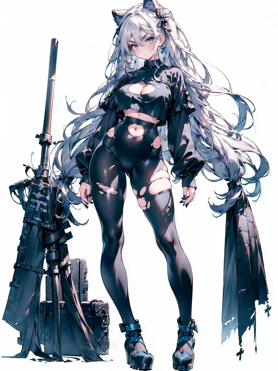 Sense of presence, look up, Focus on shoes, (White Hair Girl), (Thick, dark blue eyebrows:1.4), (Dark blue eyebrows:1.7), (Thick eyebrows:1.3), (Huge black fluffy animal ears:1.1), (Black animal ears:1.1), BREAK, (((Mesh Stitching Crop T-Shirt, Cutout Long Sleeve Top))),BREAK, (Big Breasts:1.2, Thick legs, Adult female body, Sturdy body:1.2), ((full body:1.7, Contrapposto:1.5)), (sharp eyes, Ultra-high definition CG, Precisely designed costumes, 4K, 8K, Ultra-high definition CG, Precisely designed costumes, Clear lines, Expressive and Captivating Eyes, Fine Details and Realistic Textures, cinematic lighting), ((white background)), BREAK, (Wearing black leggings with holes), Skinny sleeves, (Torn and holey leggings:1.2)(Black leggings:1.4), (過剰なRuggedThick soleブーツを履いています:1.2), (Thick sole:1.5), (Big shoes:1.3), brwak,((Lightsabers:1.3, embarrassed))