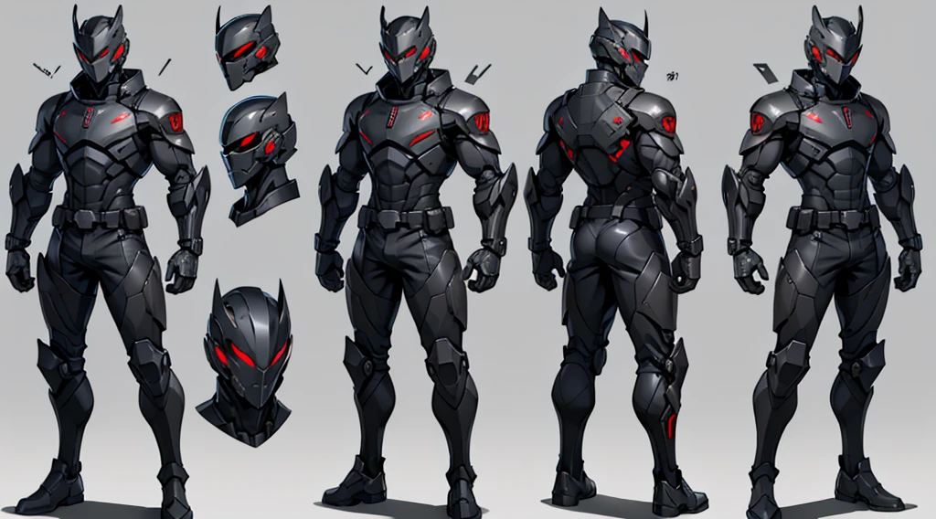 Character design sheet、male、Black combat uniform、Body Armor、Powered Suit、Full Face Helmets、cyber punk