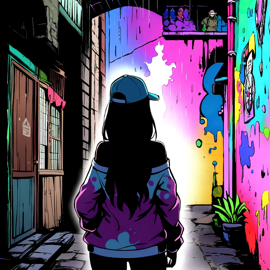 One girl,Back Shadow Splatter,paint splatter sweatshirt,Off-the-shoulder garments,Baseball cap,Alchemy Research Institute,Mysteries of the Uncharted Territories,Put your hands in your pockets,Random colorful long hair,Shoulder-length hair,Iris,game scene graph, Rainy street background