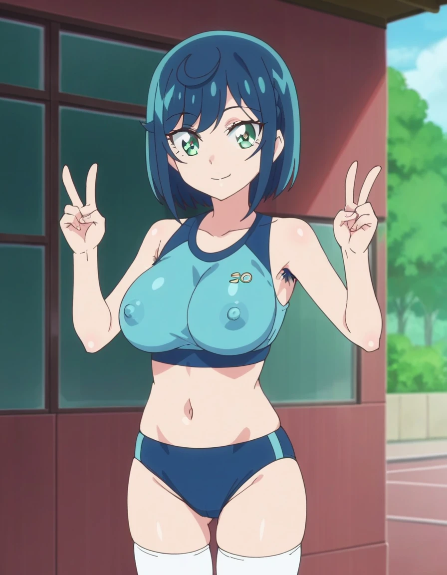 score_9, score_8_up, score_7_up, score_6_up, score_5_up, score_4_up, BREAK, source_anime, anime screencap, anime coloring, 1girl, solo, perfect anatomy, (Fuwa Kokone), blue hair, medium hair, green eyes, lite smile, looking at viewer, navel, (skintight, very tight gym uniform, sleeveless, white_shirt, crop-top, under sized micro blue buruma, zettai ryouiki white thighhighs), huge_breasts, erect nipples, thigh gap, indoor, double v, standing, (unshaven hairy natural public hair:1.2), unshaven hairy natural armpit hair