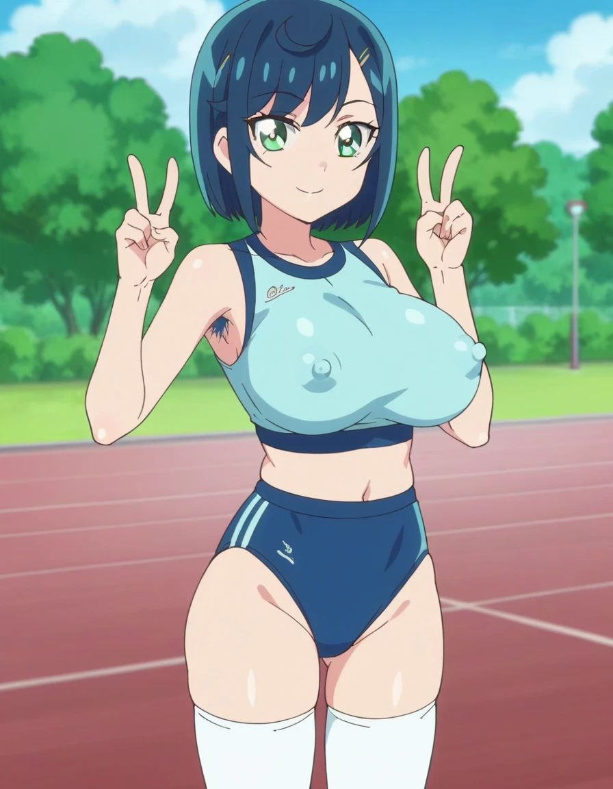 score_9, score_8_up, score_7_up, score_6_up, score_5_up, score_4_up, BREAK, source_anime, anime screencap, anime coloring, 1girl, solo, perfect anatomy, (Fuwa Kokone), blue hair, medium hair, green eyes, lite smile, looking at viewer, navel, (skintight, very tight gym uniform, sleeveless, white_shirt, crop-top, under sized micro blue buruma, zettai ryouiki white thighhighs), huge_breasts, erect nipples, thigh gap, indoor, double v, standing, (unshaven hairy natural public hair:1.2), unshaven hairy natural armpit hair