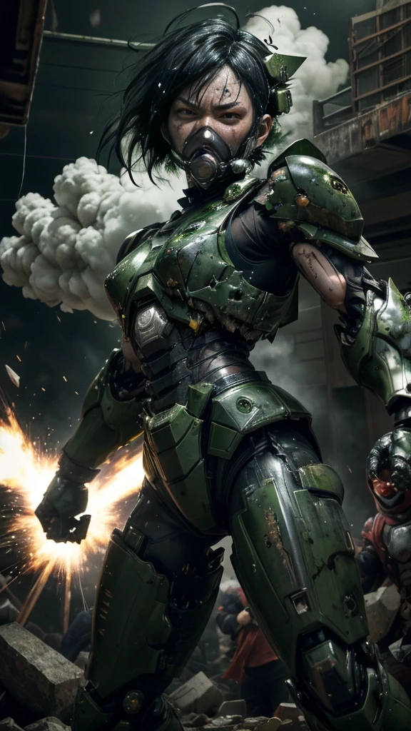 , Advanced Details, high quality, 最high quality, High resolution, 1080P 、傷口からのBleeding、Sexy Eyes、Wearing green and black、cute((The whole body is sweating))(Equipped with a damaged battle suit....)(Dark green armor)(Broken Armor)Black Hair、Chiquita、short hair、Screaming with mouth open Painful expression、It hurts again、Healthy Skin、20-year-old female defeat (Steam coming out of the face) ((Steam from the body)) Unable to fight Severe attacks ((Headgear broke. )) Flying debris bare hands Armor Stripping gas mask explodes centering Bleeding