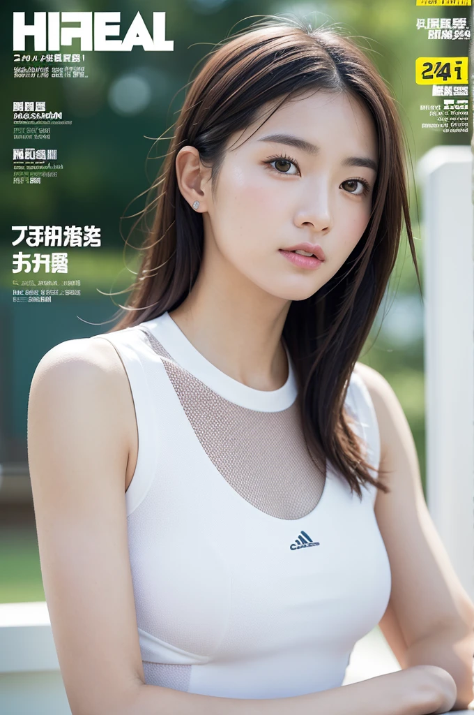 ((magazine cover)),((运动magazine cover)),((体育magazine cover)),Beautiful and healthy tennis player,woman,Tennis outfits,Tennis hats,bust,The eyes are sharply focused,Canon EOS R5 effect,Photo texture,Soft Lighting,8K,Ultra-clear,Ultra-realistic,Hyperrealism,masterpiece