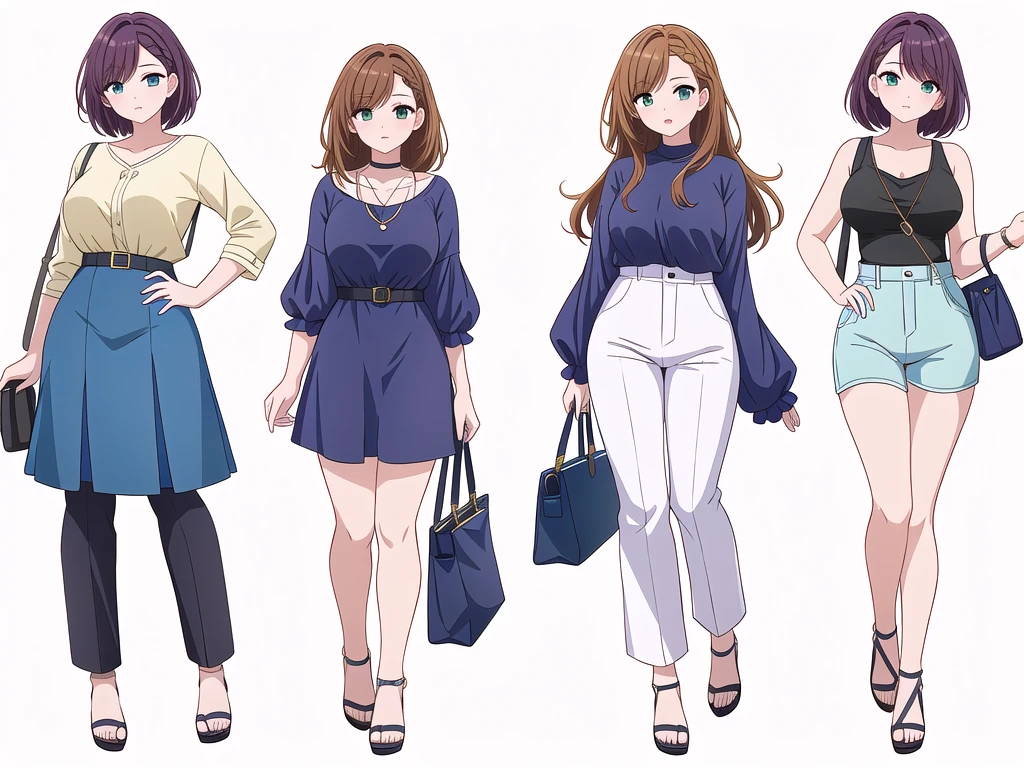 (((Best Quality))) , ((full body)), 4 lady, adult woman, multiple views, (((white background,))) variety of hairstyles, variety of fashion styles, seductive pose, fashionable and trendy atmosphere, holding bag, summer outfits, walk pose, dark blue/dark orange/dark green/dark violet/brown/white, short pants, 
