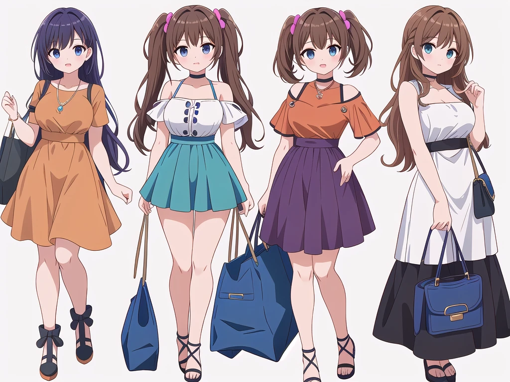 (((Best Quality))) , ((full body)), 4 lady, adult woman, multiple views, (((white background,))) variety of hairstyles, variety of fashion styles, seductive pose, fashionable and trendy atmosphere, holding bag, summer outfits, walk pose, dark blue/dark orange/dark green/dark violet/brown/white, short pants,